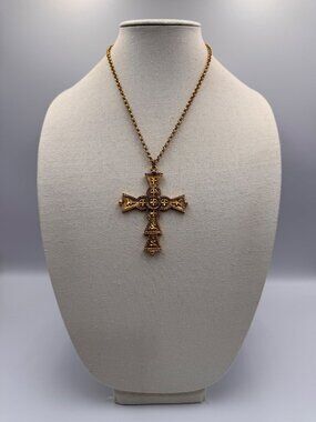 Vintage ART Arthur Pepper Large Byzantine Cross Pendant Necklace Gold Tone 20”